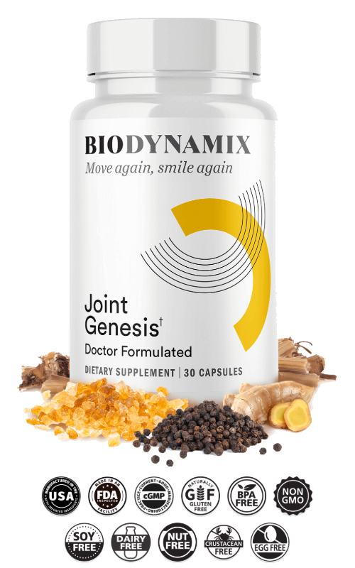 Joint Genesis ingredients including botanical resin, black pepper, and ginger root